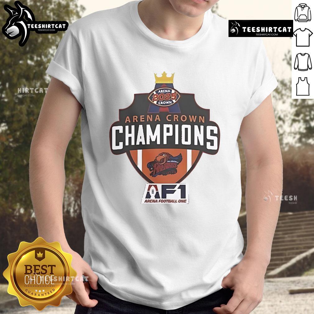 Alt Text: Official Albany Empire 2025 Arenabowl Champions F1 T-Shirt featuring team logo and championship graphics.