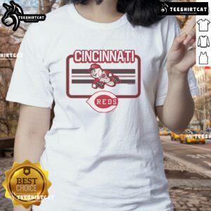 Official Cincinnati Reds Fanfare Ladies Tee featuring a stylish design perfect for female fans of the Cincinnati Reds.
