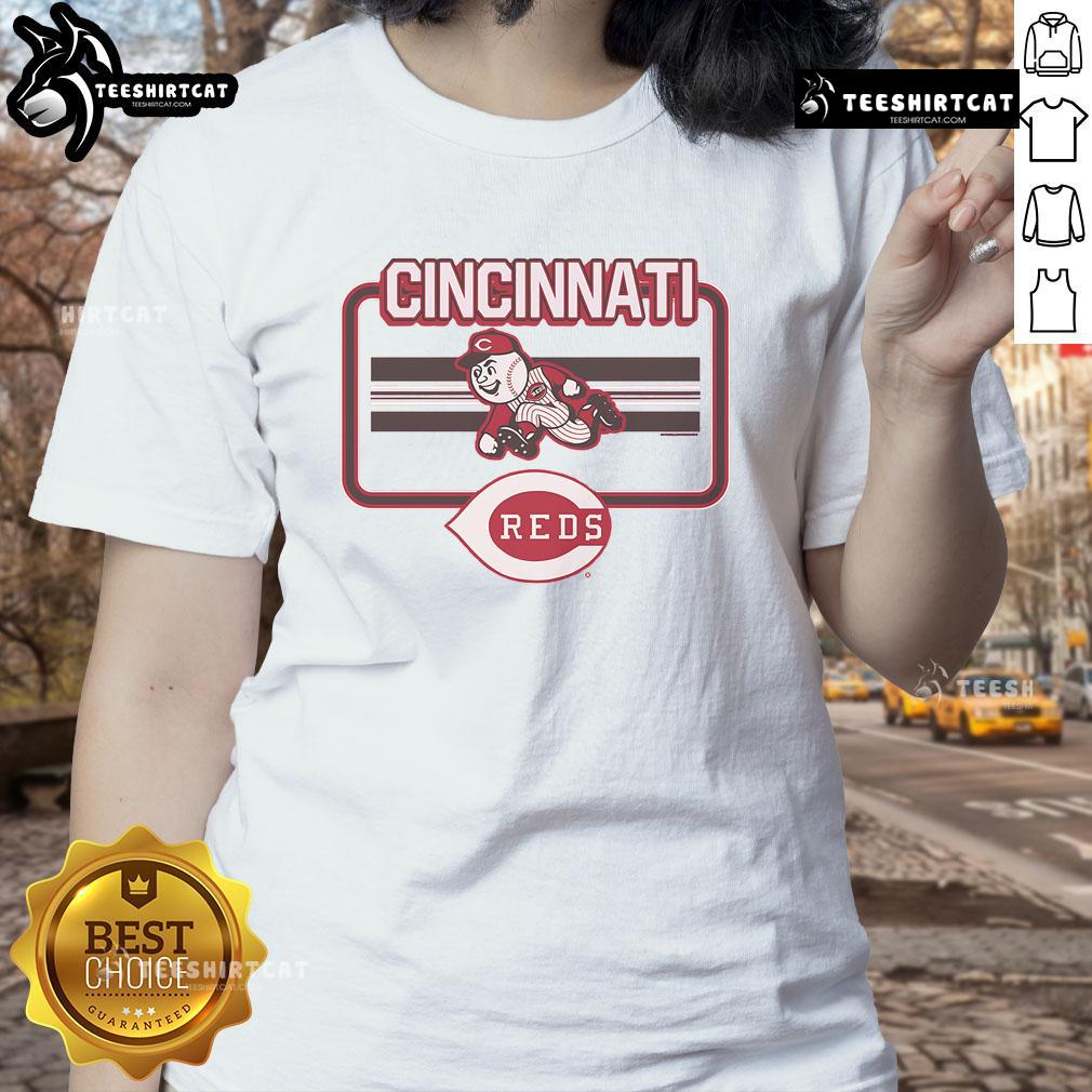 Official Cincinnati Reds Fanfare Ladies Tee featuring a stylish design perfect for female fans of the Cincinnati Reds.