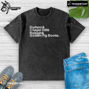 Official Durham Chapel Hill Raleigh Golden Fig Books washed t-shirt in soft cotton, perfect for book lovers and casual wear.