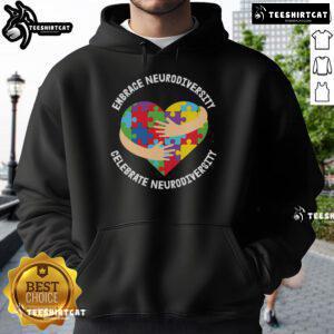 Embrace and celebrate neurodiversity hoodie featuring a puzzle heart design and hug graphic for awareness.