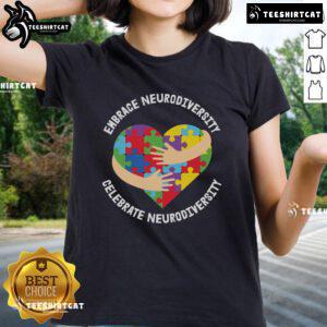 Official Embrace Celebrate Neurodiversity puzzle heart hug design on a ladies tee promoting awareness and inclusion.