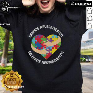 Official Embrace Celebrate Neurodiversity sweatshirt featuring a puzzle heart design, promoting awareness and acceptance.