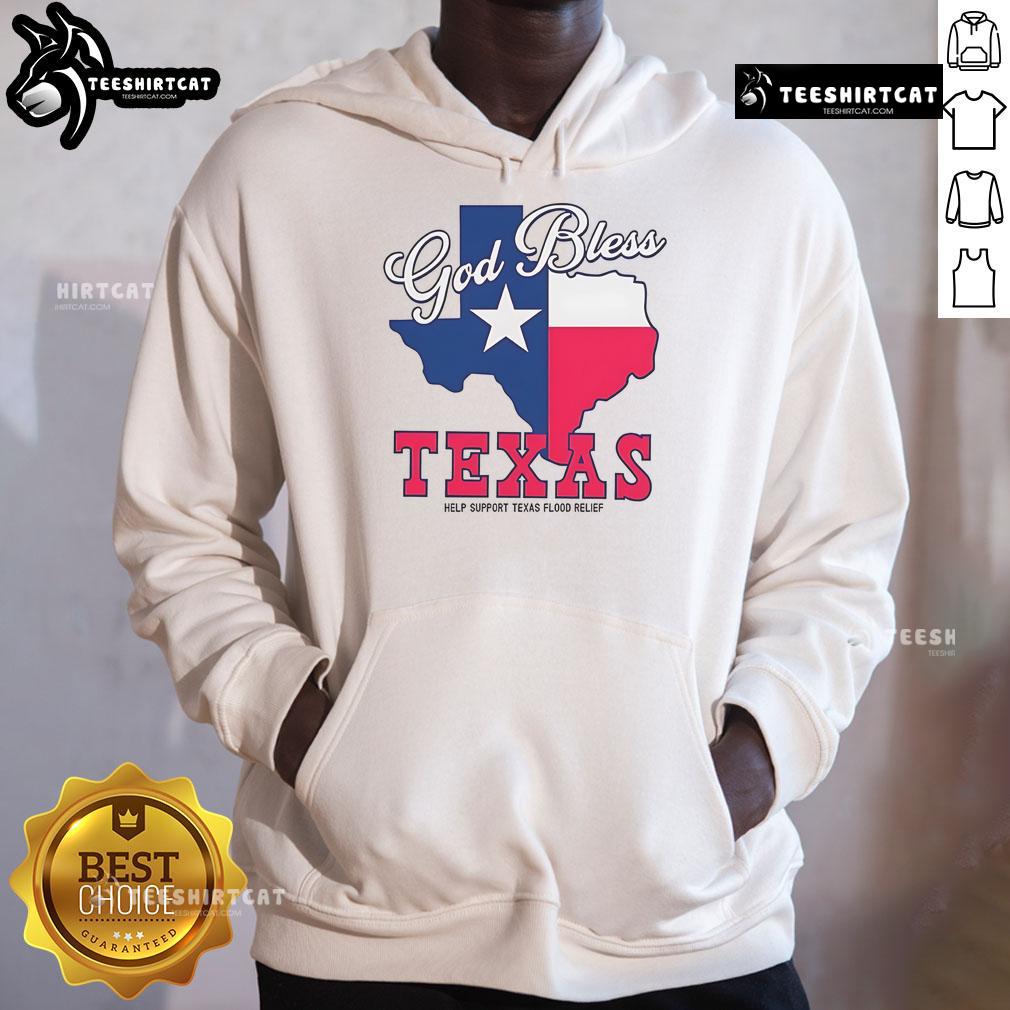 Official God Bless Texas hoodie supporting Texas flood relief efforts, featuring a bold design and vibrant colors.