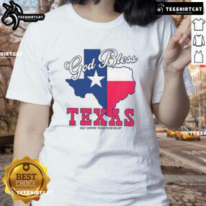 Alt Text: Official God Bless Texas ladies tee supporting Texas flood relief efforts with vibrant design and message.