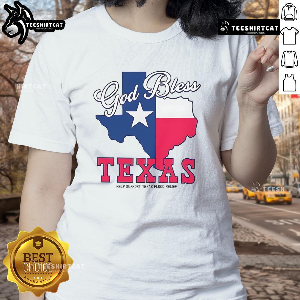 Alt Text: Official God Bless Texas ladies tee supporting Texas flood relief efforts with vibrant design and message.