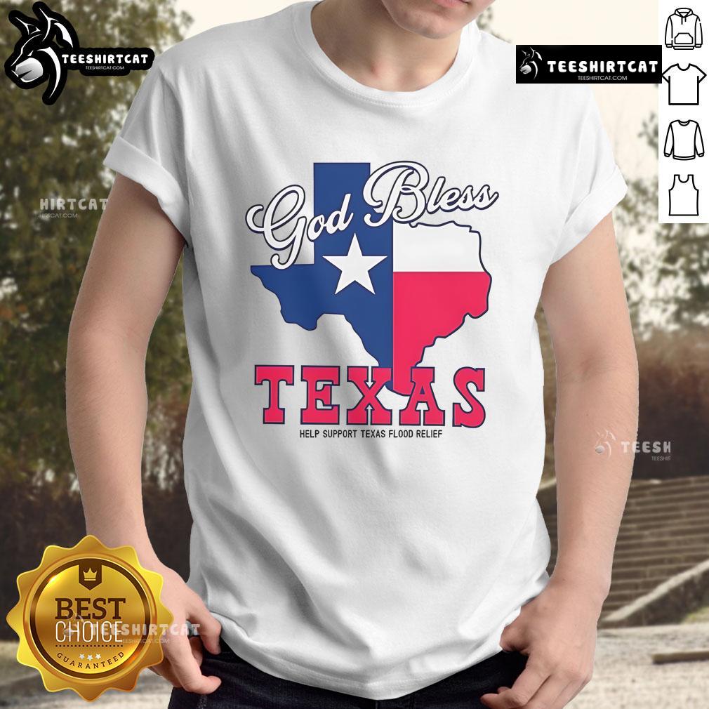 Official God Bless Texas Help Support Texas Flood Relief T-Shirt design featuring a patriotic theme and flood relief message.