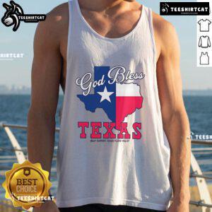 Official God Bless Texas tank top supporting Texas flood relief efforts, featuring a bold design and vibrant colors.