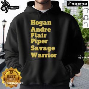 Alt Text: Official Hogan Andre Flair Piper Savage Warrior Hoodie featuring iconic wrestling legends in vibrant design.