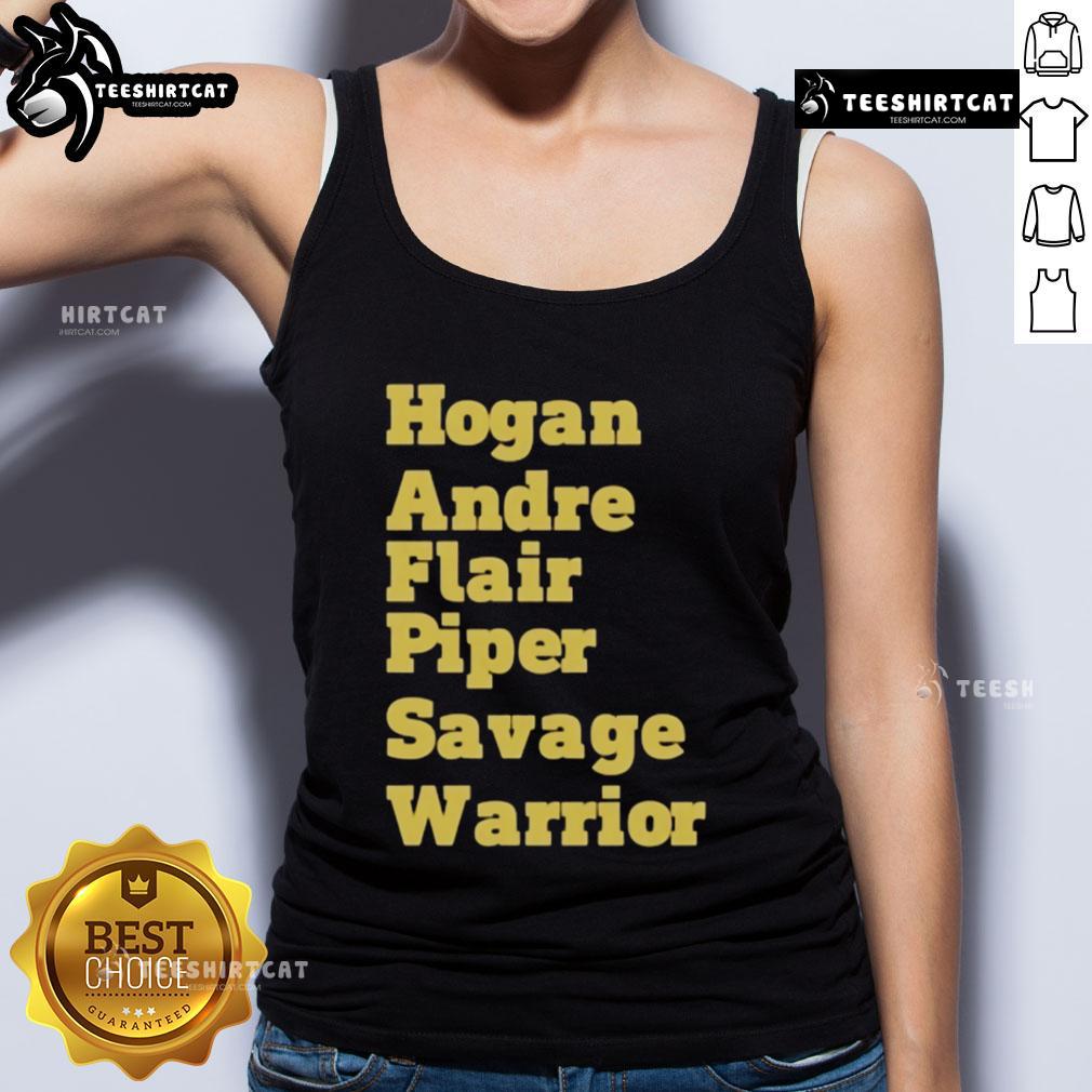 Official Hogan Andre Flair Piper Savage Warrior tank top featuring iconic wrestling legends in vibrant colors.