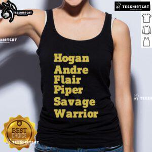 Official Hogan Andre Flair Piper Savage Warrior tank top featuring iconic wrestling legends in vibrant design.