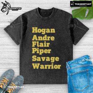 Official Hogan Andre Flair Piper Savage Warrior washed t-shirt featuring iconic wrestling legends in vibrant colors.