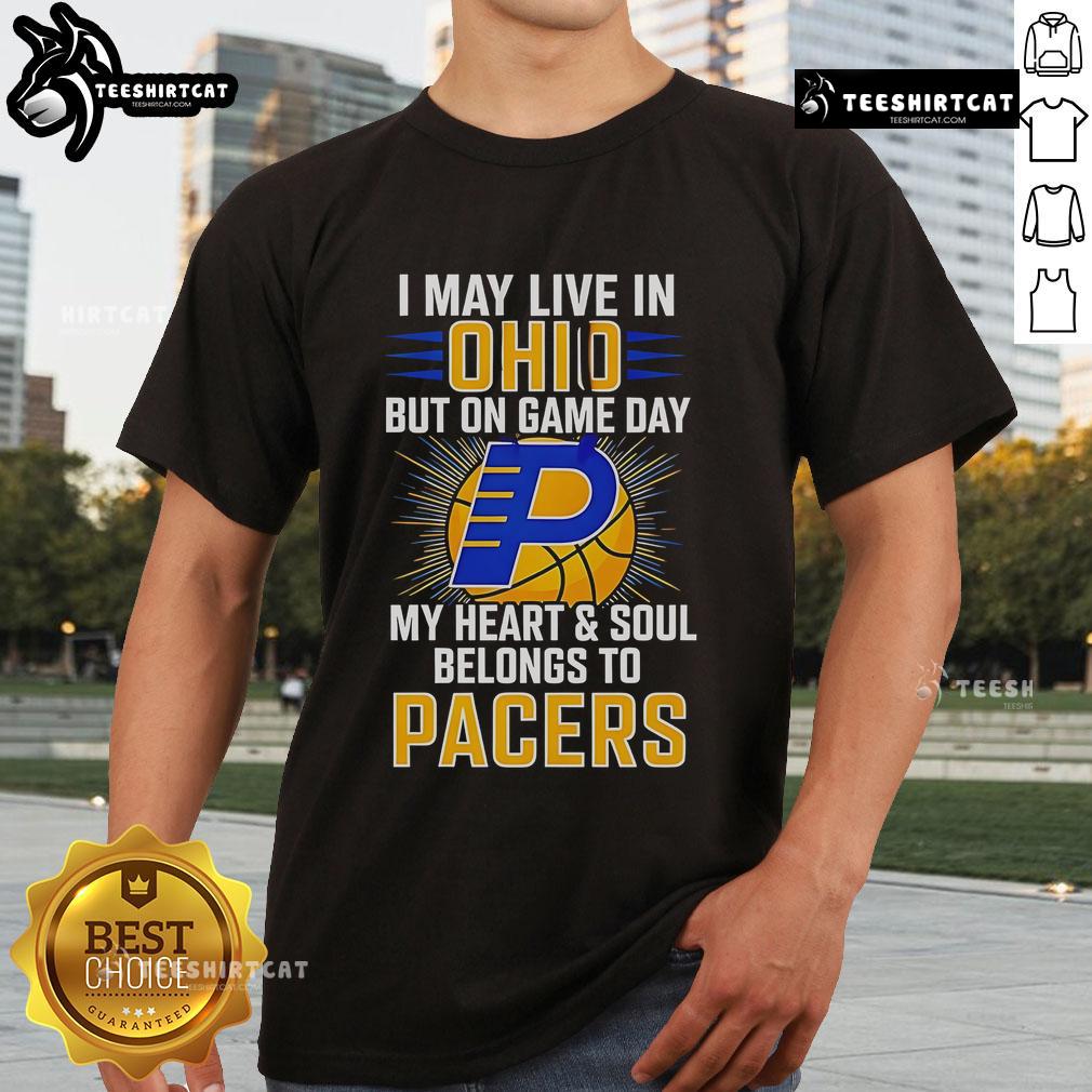 Alt Text: Ohio fan wearing 'I May Live In Ohio But On Game Day My Heart Belongs To The Indiana Pacers' T-shirt at a game.