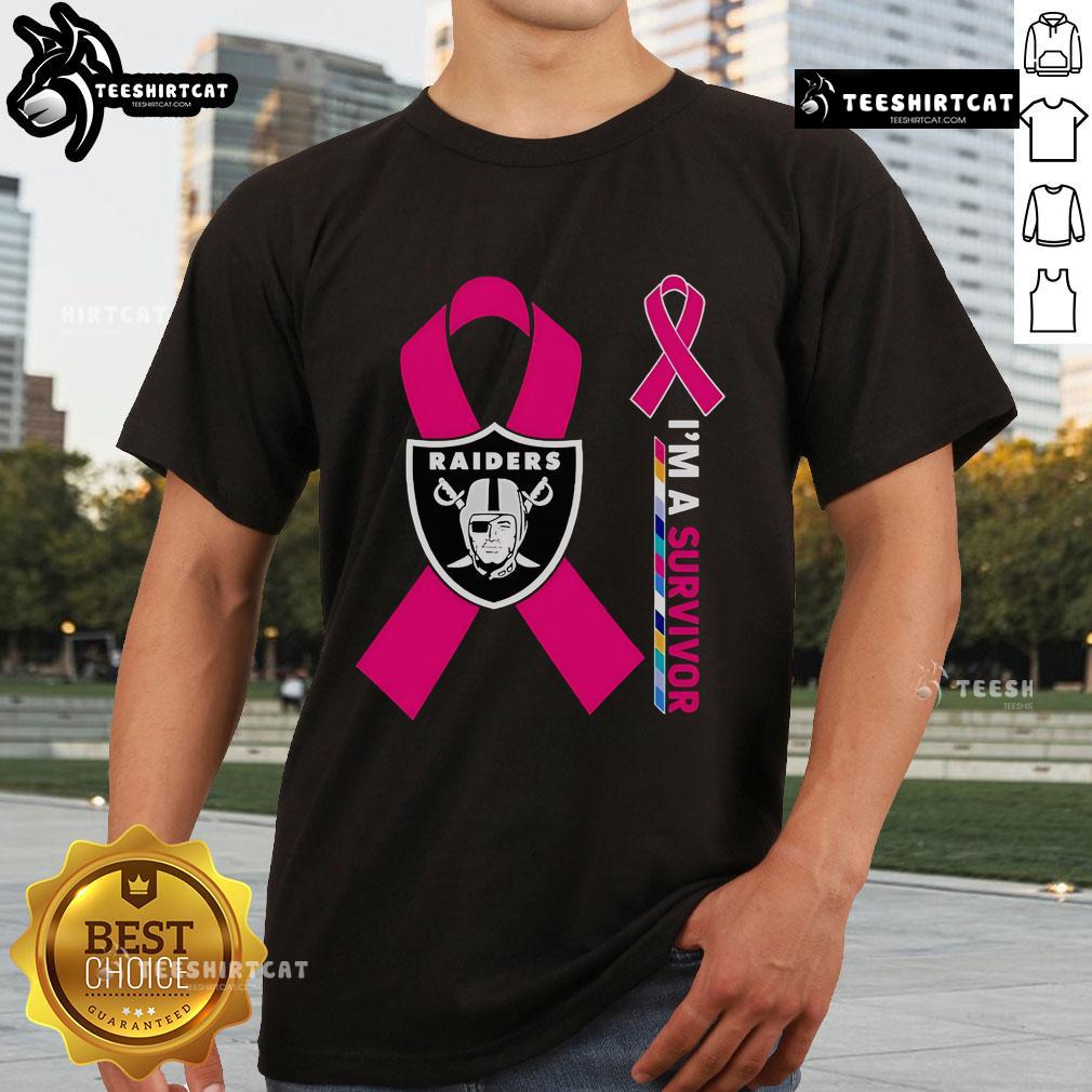 Official Las Vegas Raiders X Cancer Awareness 'I'M A Survivor' T-Shirt featuring bold graphics and a supportive message.