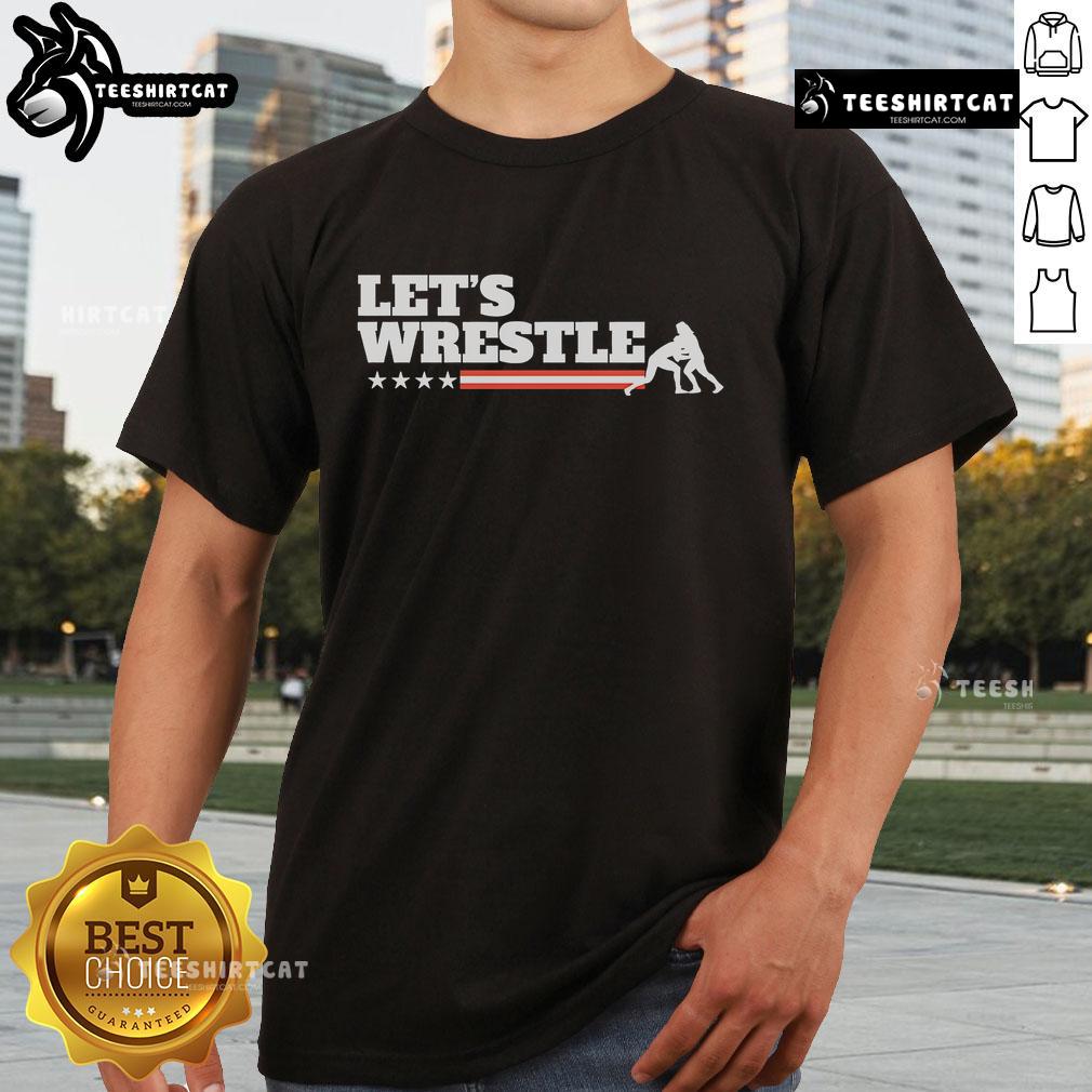Official Let's Wrestle USA T-Shirt featuring bold graphics and vibrant colors, perfect for wrestling fans and enthusiasts.
