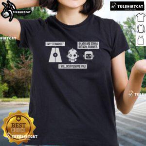 Alt Text: Official Love Dead Robot The Three Robots Ladies Tee featuring a stylish graphic design for fans of sci-fi apparel.
