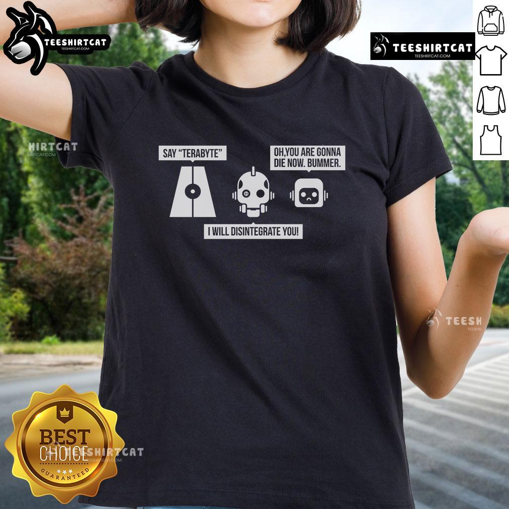 Alt Text: Official Love Dead Robot The Three Robots Ladies Tee featuring a stylish graphic design for fans of sci-fi apparel.