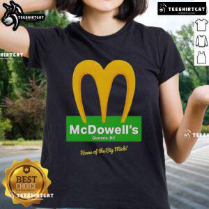 Official McDowell's Restaurant logo on a ladies tee featuring the Big Mick, perfect for fans of the iconic eatery.