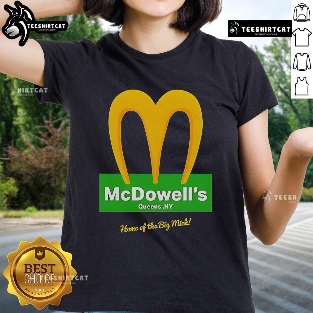 Official McDowell's Restaurant logo on a ladies tee featuring the Big Mick, perfect for fans of the iconic eatery.