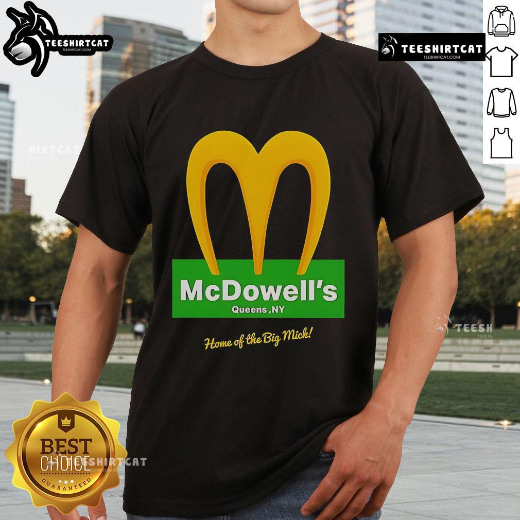 Alt Text: Official McDowell's Restaurant 'Home of the Big Mick' logo t-shirt featuring bold graphics and vibrant colors.