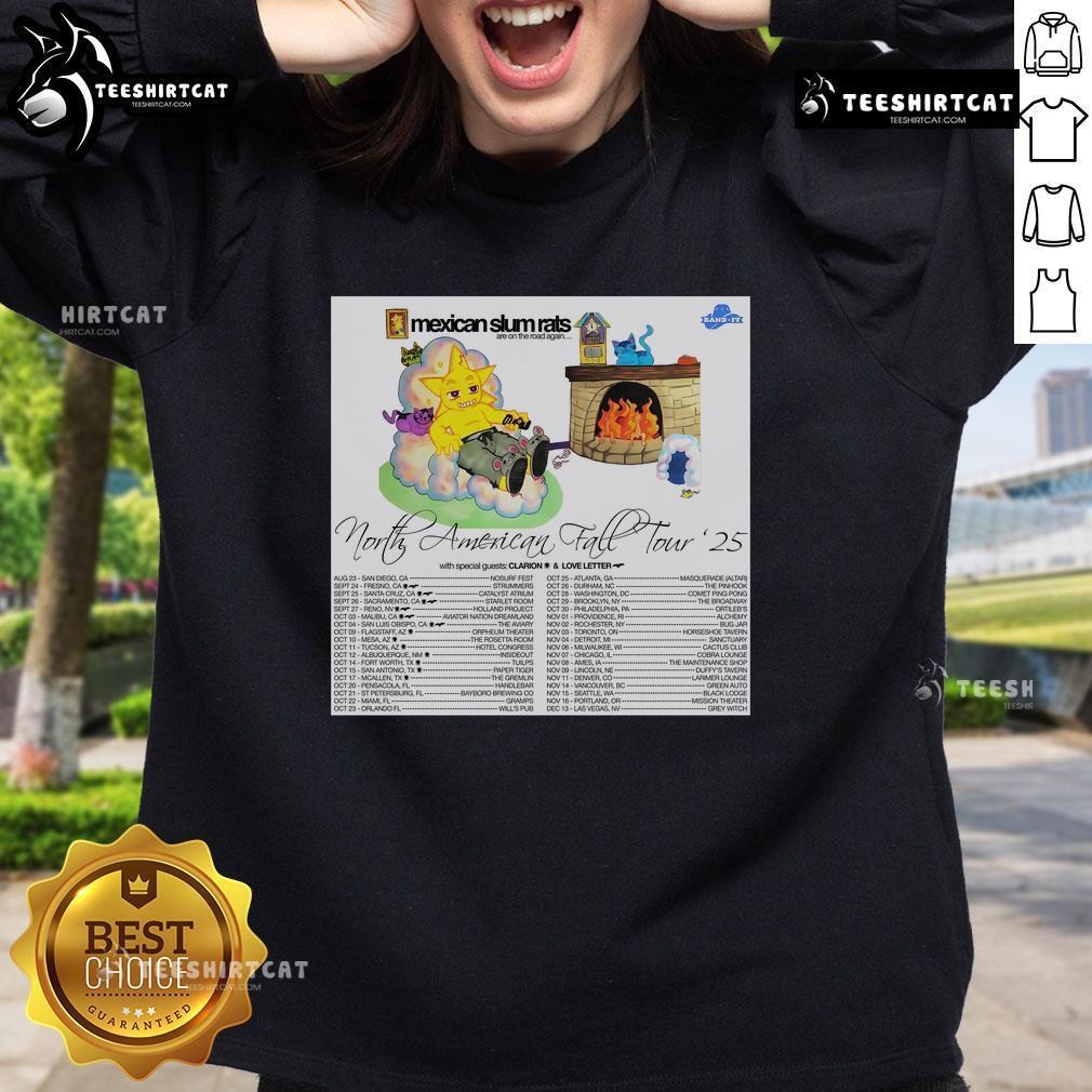 Official Mexican Slum Rats North American Fall Tour 2025 poster on a sweatshirt, featuring vibrant tour graphics.