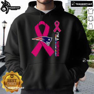Alt Text: Official New England Patriots Cancer Awareness 'I'm A Survivor' Hoodie in navy blue with team logo and awareness ribbon.
