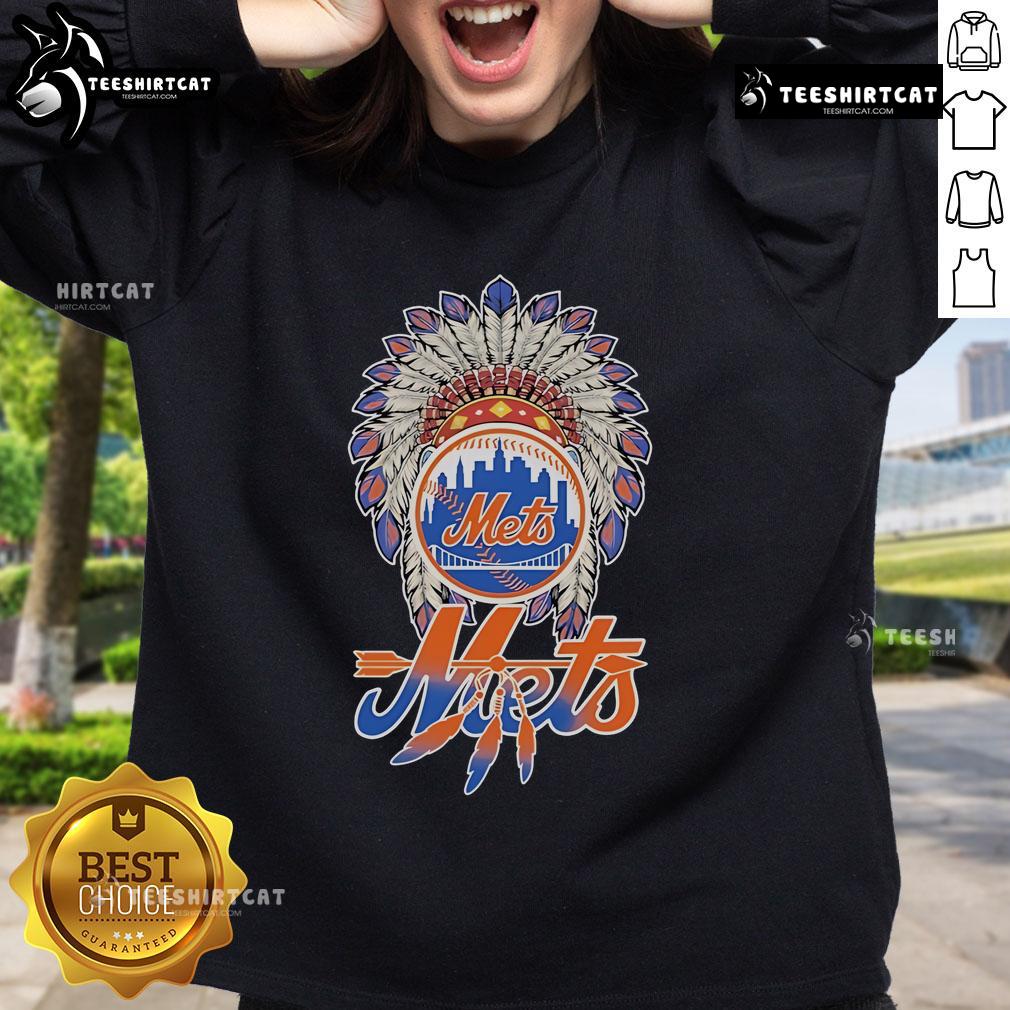 Official New York Mets x Native American sweatshirt featuring vibrant team colors and unique cultural designs.