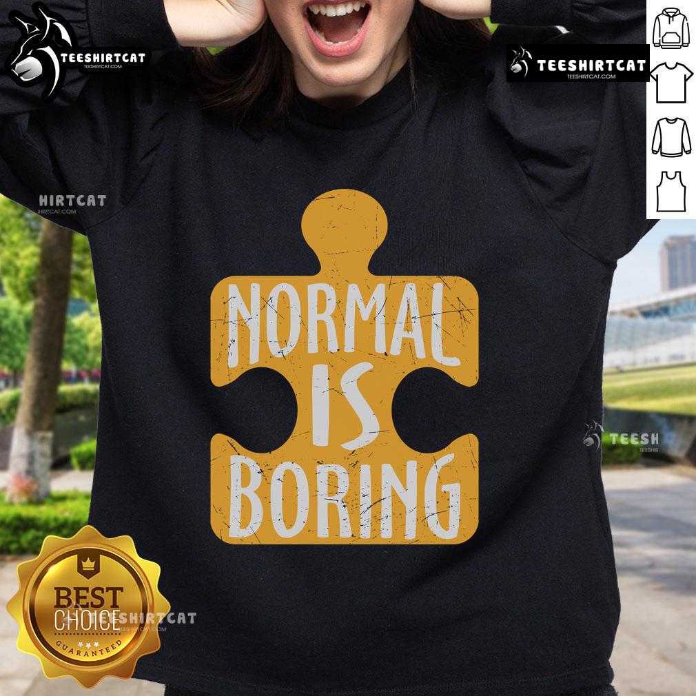 Official Normal Is Boring Puzzle Piece Autism Awareness Sweatshirt in vibrant colors promoting autism acceptance.