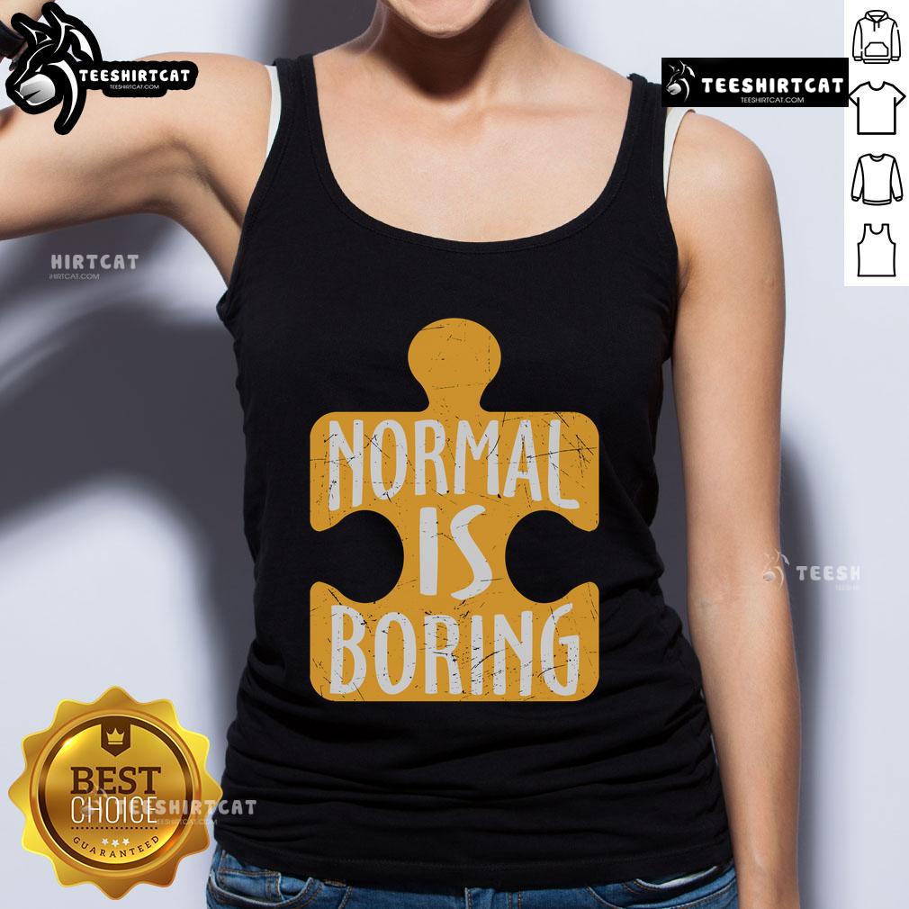 Official Normal is Boring puzzle piece autism awareness tank top in vibrant colors, promoting acceptance and inclusion.