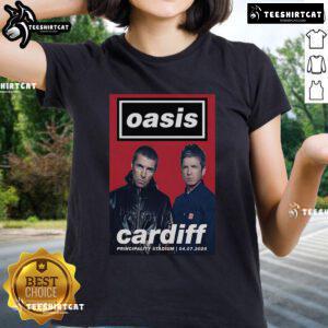 Official Oasis Cardiff Principality Stadium July 4, 2025 poster on a ladies tee shirt design featuring vibrant graphics.