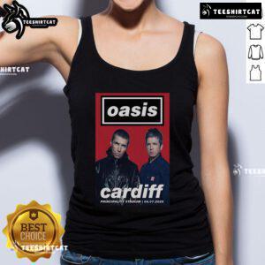 Official Oasis Cardiff Principality Stadium July 4, 2025 poster on a tank top, featuring vibrant colors and iconic band imagery.