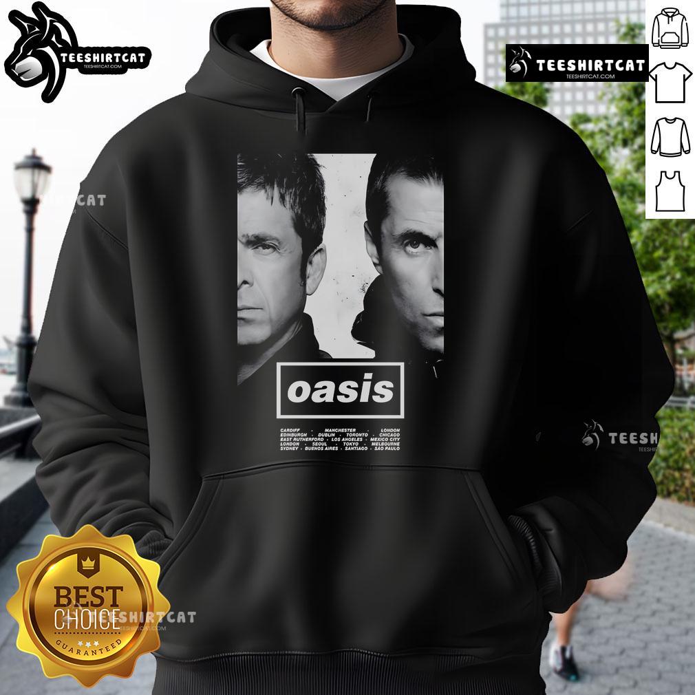 Official Oasis Live Tour 2025 poster featured on a stylish hoodie, perfect for fans of the iconic band.