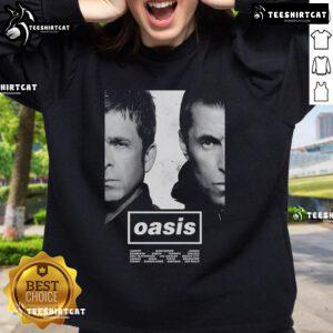 Official Oasis Live Tour 2025 poster design featured on a stylish sweatshirt, perfect for fans and concertgoers.