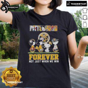 Alt Text: Official Pittsburgh Panthers ladies tee featuring Snoopy and friends with 'Forever, Not Just When We Win' slogan.