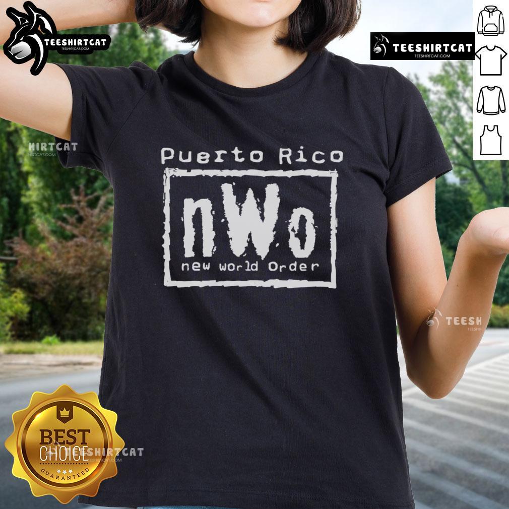 Official Puerto Rico nWo New World Order Ladies Tee in black, featuring the iconic nWo logo for wrestling fans.
