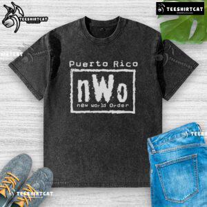 Official Puerto Rico nWo New World Order washed t-shirt featuring a bold graphic design and comfortable fit.