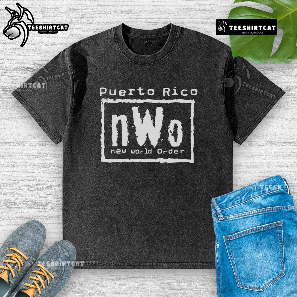 Official Puerto Rico nWo New World Order washed t-shirt featuring a bold graphic design and comfortable fit.