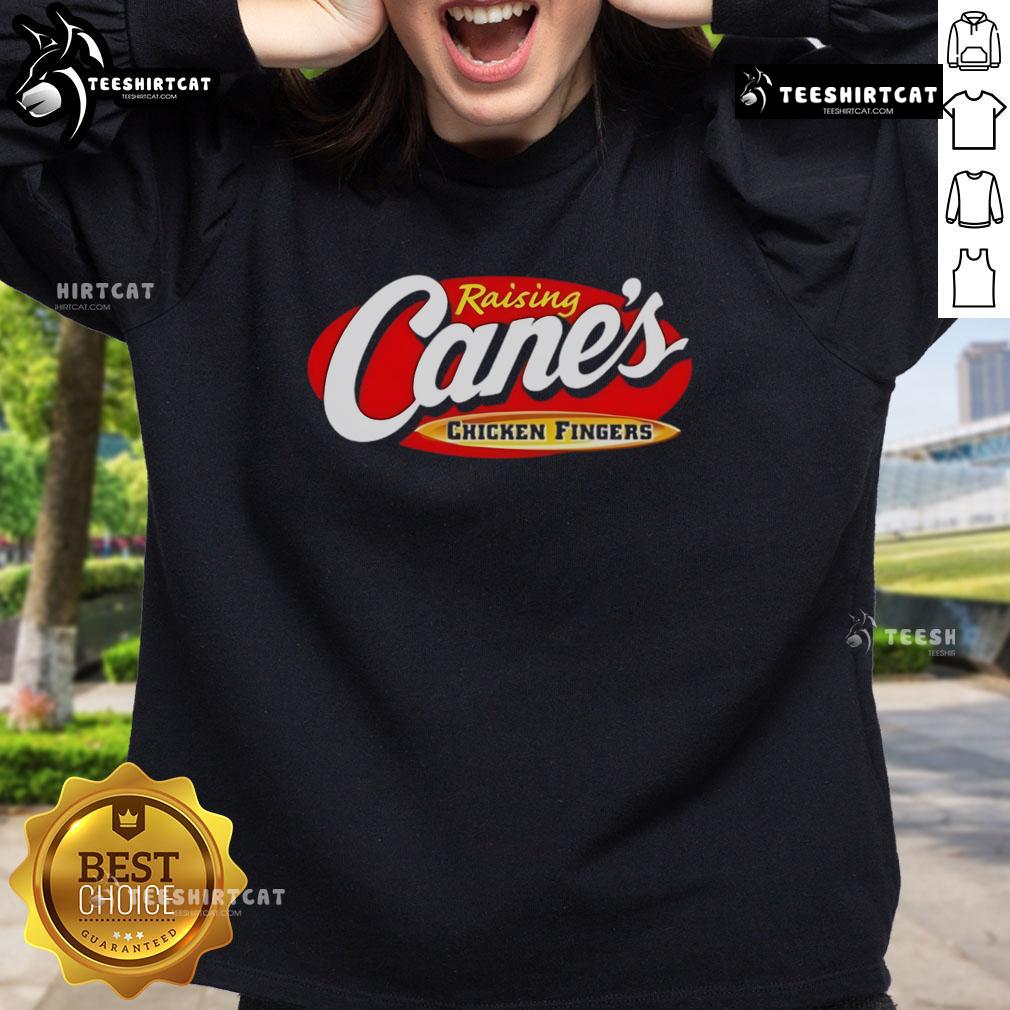 Alt Text: Official Raising Cane's Chicken Fingers sweatshirt featuring logo, stylish design, and cozy fabric for fans.