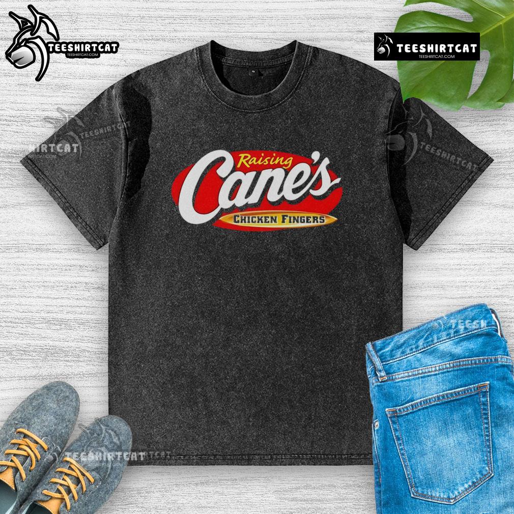 Official Raising Cane's Chicken Fingers washed t-shirt featuring a vibrant logo and soft fabric for ultimate comfort.