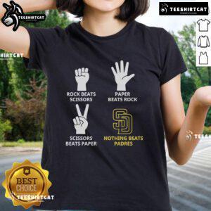 Official Padres ladies tee featuring 'Rock Beats Scissors, Paper Beats Rock, Scissors Beats Paper' design.