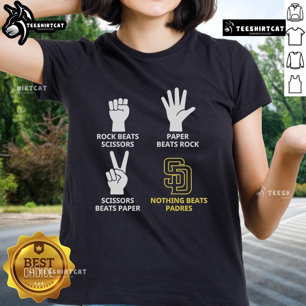 Official Padres ladies tee featuring 'Rock Beats Scissors, Paper Beats Rock, Scissors Beats Paper' design.