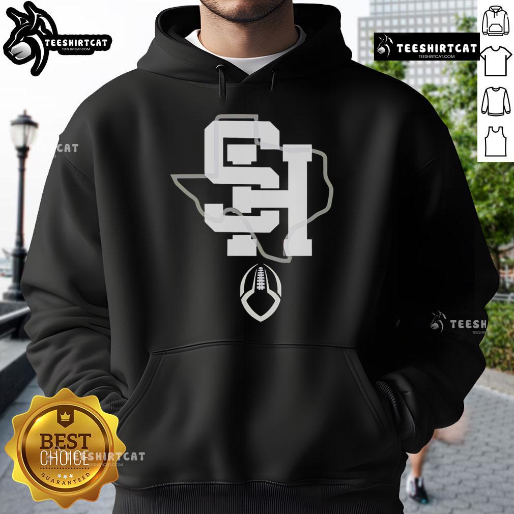 Official SH Texas Football Hoodie in navy blue, featuring team logo and comfortable fit for fans and players alike.