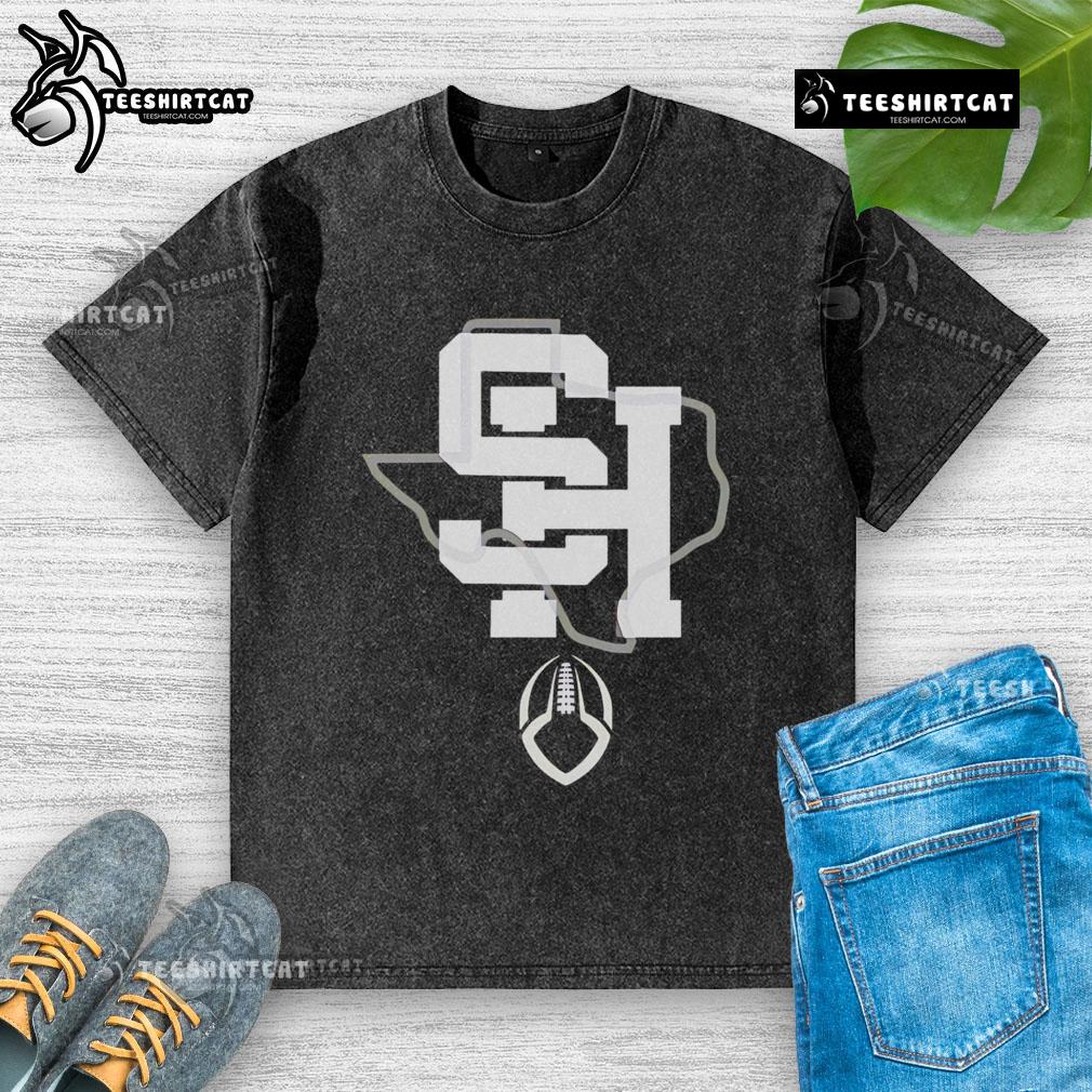 Official SH Texas Football washed t-shirt featuring vibrant team colors and logo, perfect for fans and game day wear.