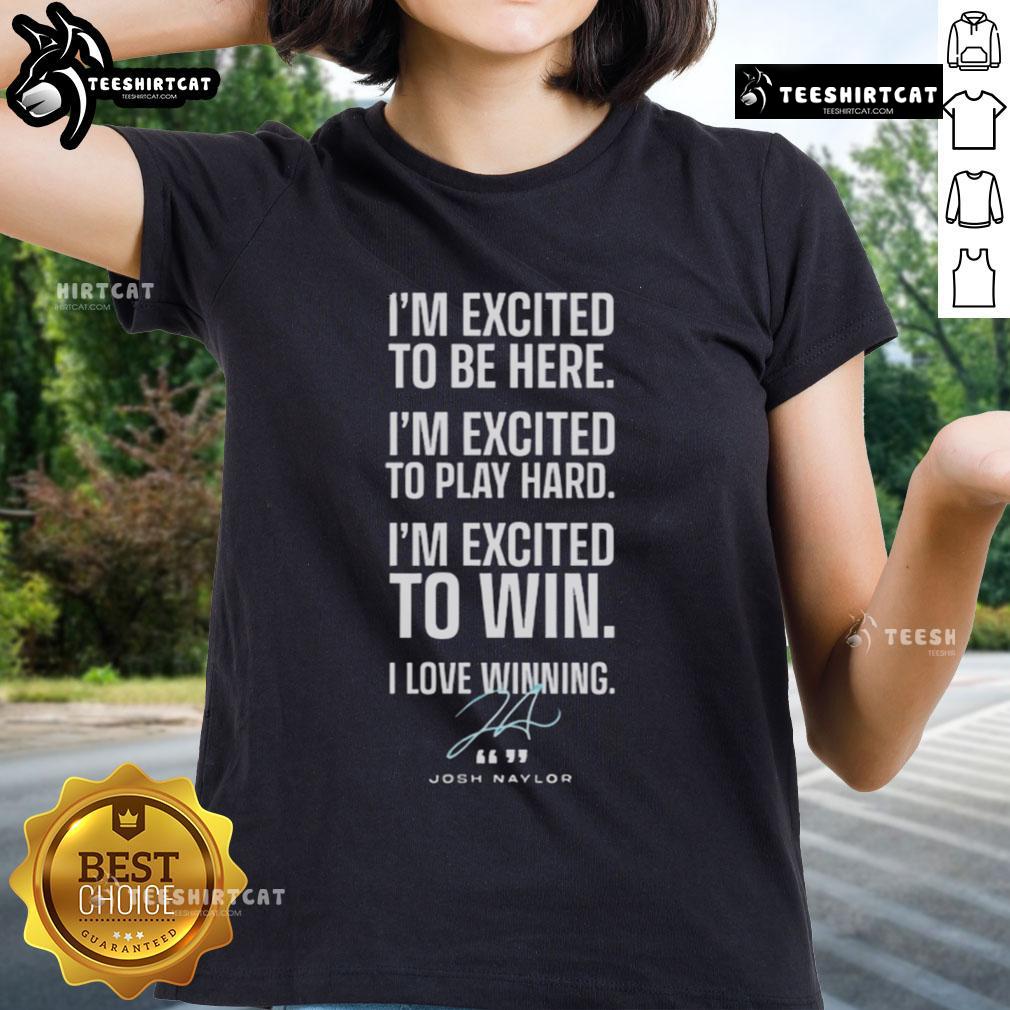 Alt Text: Official Seattle Mariners ladies tee featuring Josh Naylor's signature and 'Excited To Be Here' design for fans.