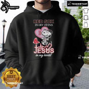 Official Snoopy Boston Red Sox hoodie featuring 'In My Veins, Jesus In My Heart' design for sports and Snoopy fans.