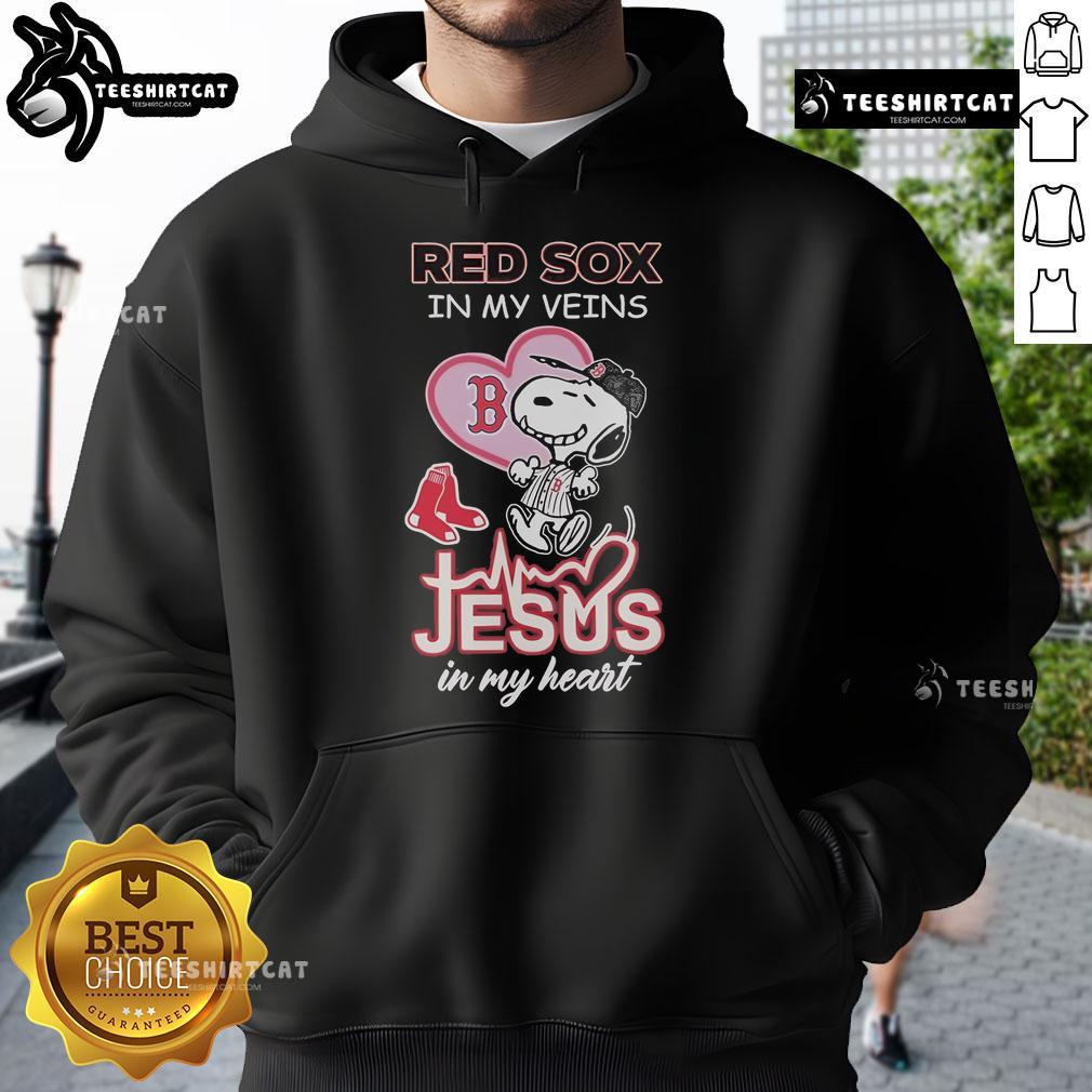 Official Snoopy Boston Red Sox hoodie featuring 'In My Veins, Jesus In My Heart' design for sports and Snoopy fans.