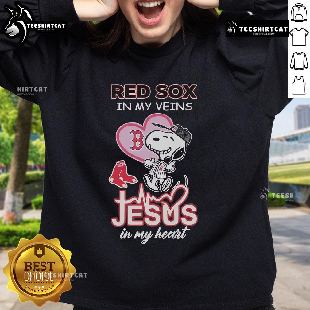 Alt Text: Official Snoopy Boston Red Sox sweatshirt featuring In My Veins, Jesus In My Heart design, perfect for fans.