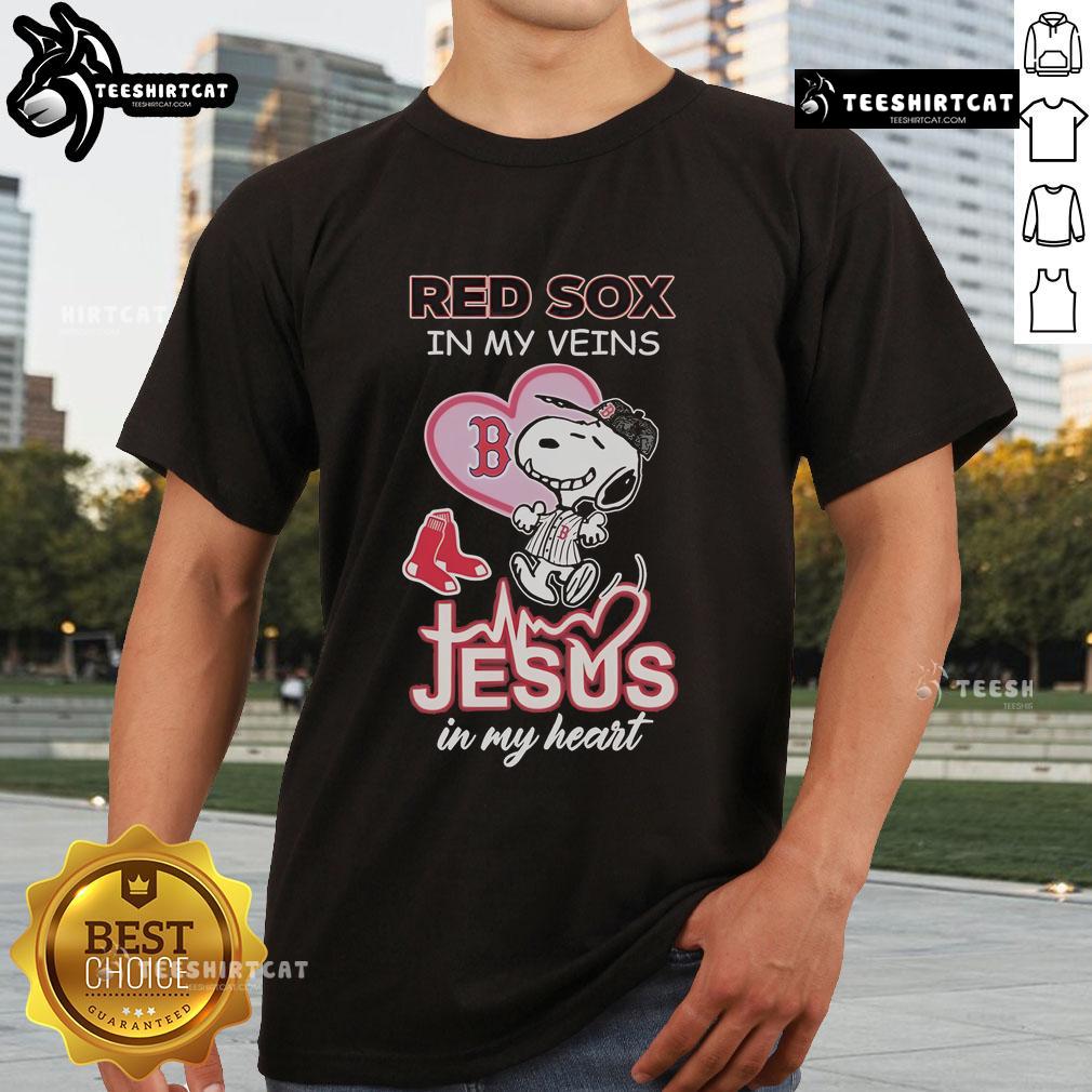 Official Snoopy Boston Red Sox T-Shirt featuring 'In My Veins Jesus In My Heart' design for fans and collectors.