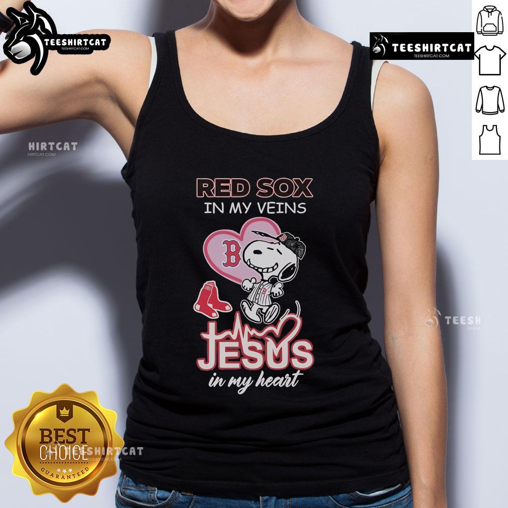 Official Snoopy Boston Red Sox 'In My Veins, Jesus In My Heart' tank top featuring a vibrant design and team colors.