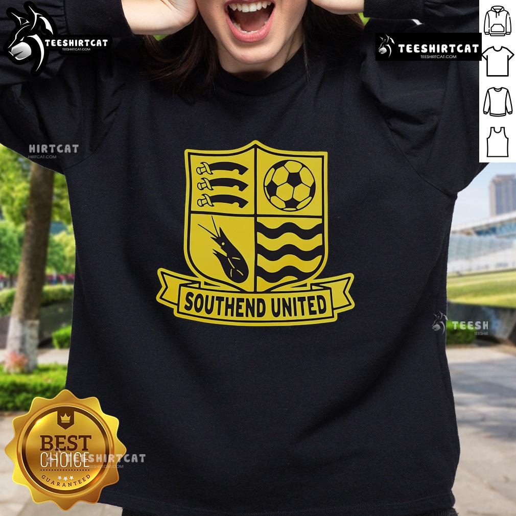 Alt Text: Official Southend United logo sweatshirt featuring a bold design and club colors, perfect for fans and casual wear.